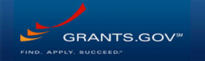 Grants.gov logo, blue field with one red and two orange swoosh marks