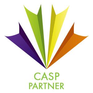CASP Logo - purple, green, yellow and orange rays, with "partner" below