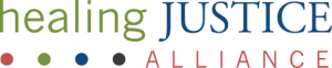 Healing Justice Alliance logo, colored fonts and four colored dots