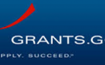 Grants.gov logo, blue field with one red and two orange swoosh marks